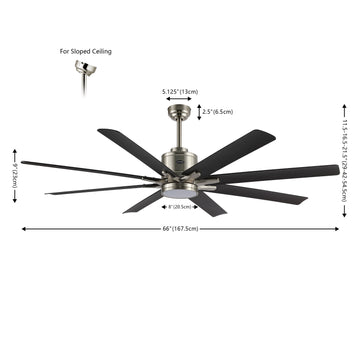Octo 66" Contemporary Industrial Iron/Plastic Mobile-App/Remote-Controlled 6-Speed Ceiling Fan with Integrated LED Light - JONATHAN Y